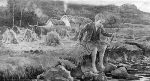 Childhood memories fishing on the bank of a stream with Highland Cattle and a Croft in the background.