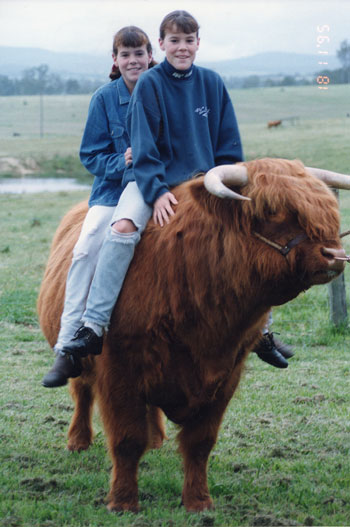 Two young girls on the back of a Highland Bull