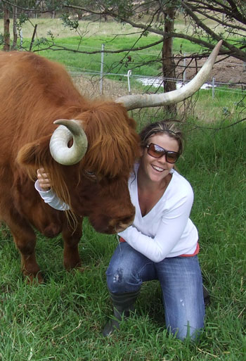 Young lady giving a very old Highland Cow a cuddle